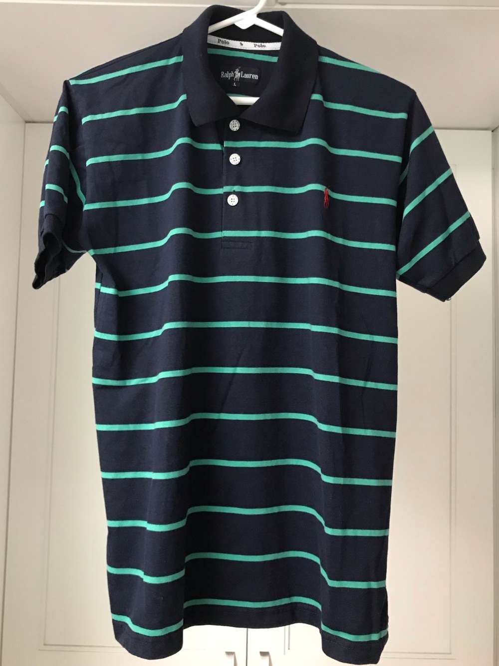 Ralph Lauren Navy Polo with Mint Green Stripes Boys Large
